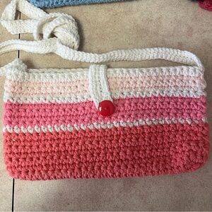 New Handcrafted Crochet Ivory/Coral/Pink & Peach Crossbody Shoulder Tote Bag
